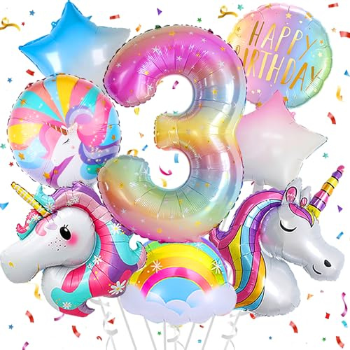 Deko 3. Geburtstag Mädchen,Einhorn Geburtstagsdeko 3 Jahr,Einhorn Luftballons 3. Geburtstag, Zahl 3 Folienballon Einhorn Party Deko,Einhorn Deko kindergeburtstag 3 jahr