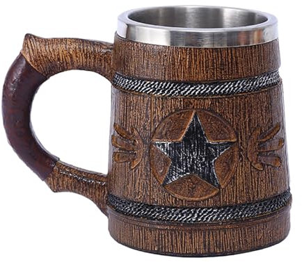 Generisch Botte di legno per birra, 600 ml, in acciaio inox, barili di legno, a forma di secchio, boccale di birra a forma di barile, accessorio vintage per famiglie feste bar