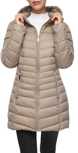 Rokka&Rolla Women's Packable Lightweight Puffer Jacket Water-Resistant Hooded Winter Long Coat