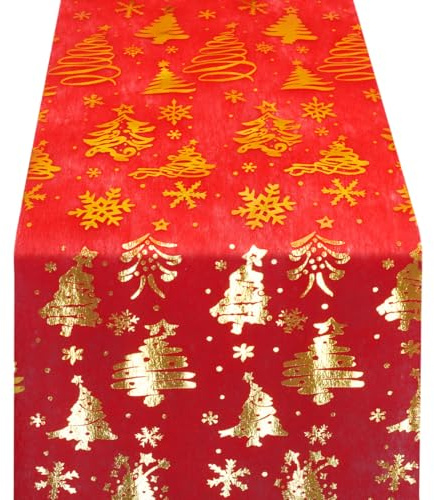 Tischläufer Weihnachten Rot, Tischläufer Rolle mit Gold Weihnachtsbaummuster, 28CM x 500CM, Organza Tischband Glänzend Tischdeko, für Weihnachten, Silvester, Adventszeit, Ramadan