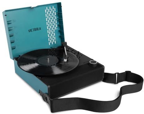 Victrola Revolution GO – Portable Vinyl Record Player, Battery-Powered Bluetooth Turntable, 12 Hour Battery Life, 3 Speed Belt-Driven Record Player, RCA Output, 3.5mm Headphone Jack (Blue)