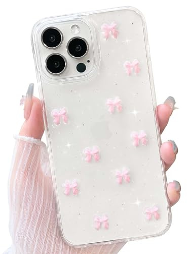 NITITOP Cover per iPhone 14 Pro Carina 3D Fiocco Trasparente con Paillettes Traslucida Glitter per Ragazze Femminile Anti Ingiallimento Custodia con Antiurto - Rosa Fiocco