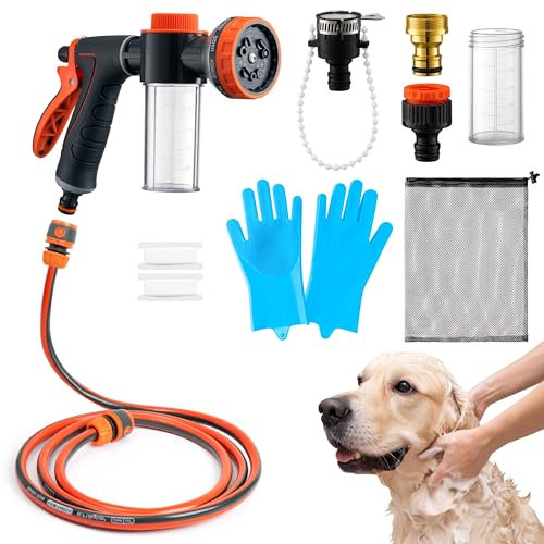 MALLMALL6 Dog Washing Hose attachment with Pet Grooming Glove & 2 Soap Dispenser, 10-in-1 Spray Modes Foam Nozzle Sprayer with 8.2Ft Pup Washer Hose for Showering Pets Car Wash Watering Flowers