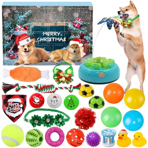 Christmas Advent Calendar 2024 Dog Cat Pet Toys, 24 Days Xmas Countdown Calendar Squeaky Teething Toys Set With Chew Ropes Holiday Surprises Gifts for Puppy Small Medium Large Dogs Cats (A)