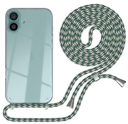 EAZY CASE Handykette kompatibel mit iPhone 16 Plus Handyhülle mit Umhängeband, Handykordel Schutzhülle, Silikonhülle, Hülle Band, Stylische Kette für Smartphones, Hell Grün Camouflage - Clips Silber