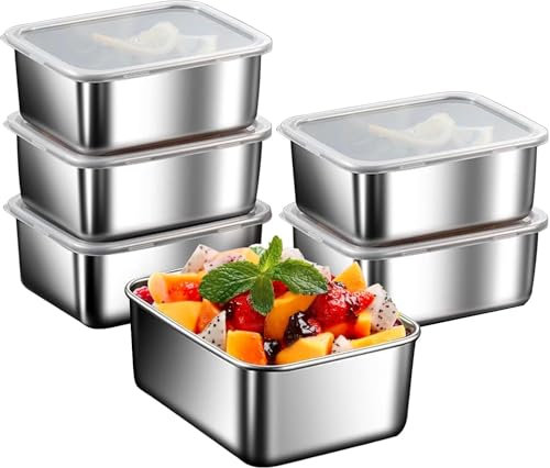 Sonhomay Paquete de 6 recipientes de almacenamiento de alimentos de 21 onzas de acero inoxidable, reutilizables, apilables, con tapa, organizador de cocina, cajas bento herméticas para almuerzo,