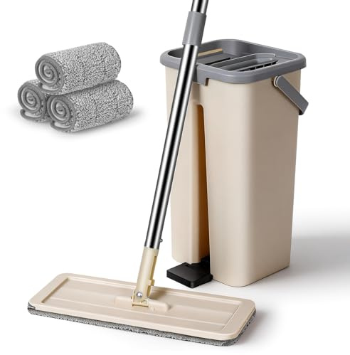 MASTERTOP Wischmopp Set mit Eimer, Bodenwischer mit Edelstahlgriff und 3 Moppkopf, 2 in 1 Putzeimer Set mit Wischmopp, Flachmopp Wischer mit Auswringfunktion für Hartholz Laminat Fliesen(Beige)