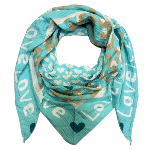XL Dreieck Strickschal Herz Leopard Frühling Schal 100% Baumwolle Made in Italy Fashion Tuch Dreieckschal Stola Herbst Frühling Tuch Leo Love is Love Happy
