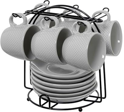 DRW Set de 6 tasses en porcelaine blanche avec support en métal noir 6,5 x 5,5 x 6,5 cm