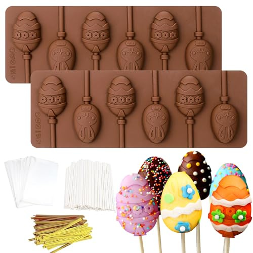 Mity Rain Oster-Cake-Pop-Form-Set – 2 Eier-Silikonformen, 100 Beutel, 100 Stäbchen und 100 goldene Bänder, DIY-Eier-Lutscher-Formen für Schokolade, Süßigkeiten, Cupcake-Dekorationen, Osterfeiern