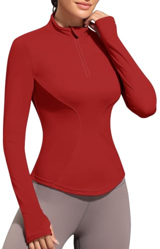 JoyGirl Sport Top Damen Yoga Shirt Langarm Sportshirt Gym Oberteil Leicht Fitness Top mit 1/4 Reißverschluss und Daumenloch (Rot, S)