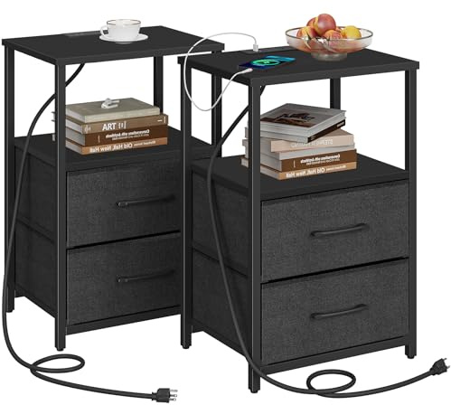 TUTOTAK Bedside Table with Charging Station, Side Table with 2 USB Ports and Outlets, Nightstand with Cloth Drawer, Set of 2, End Table, Black TB01BK052UK