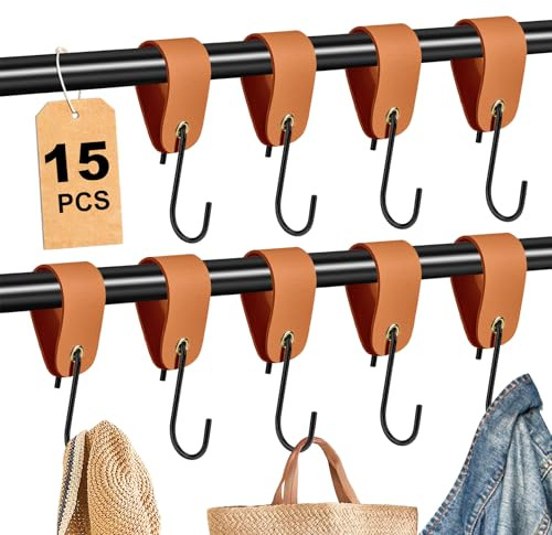 Forbabe 15 Stück S Haken mit Lederschlaufe, Kleiderhaken Edelstahl Kederschiene Metallhaken, Haken für Kleiderstange/Garderobe/Camping/Badezimmer (Braun)