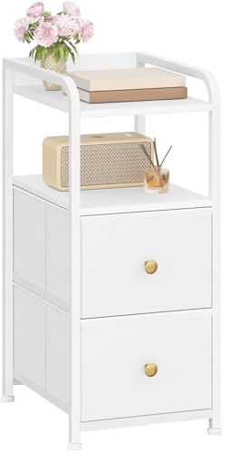 Hzuaneri Nachttisch, Schmal Beistelltisch mit 2 Stoff-Schubladen | Schmaler Nachttische mit offenes Fach, Nachtschrank für Schlafzimmer, Wohnzimmer, 35 x 27 x 60 cm, Weiß NS02113W