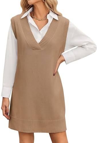 Zeagoo Abito in maglia da donna, senza maniche, con scollo a V, elegante, da indossare sopra una camicia, outfit per autunno e inverno, morbido, abbigliamento a strati, Marrone brillante, L