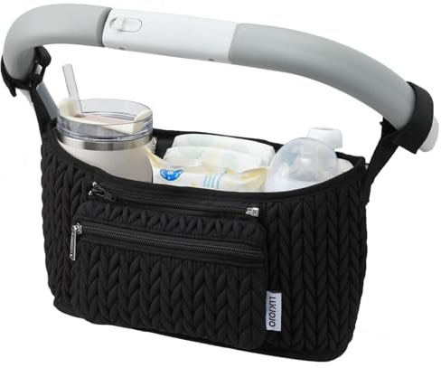 LUKJOJO Stroller Organizer - Stylish Quilting Nylon, Universal Fit, Detachable Bag, Insulated Bottle Holder for Baby Essentials (Black-B)