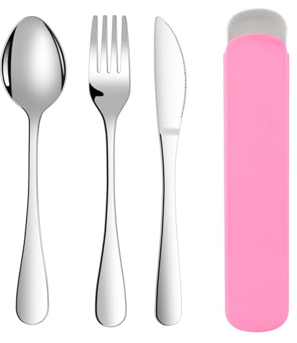 ABOHU Cutlery Set with Portable Pouch Case, 3 Piece Stainless Steel Flatware Set, Tableware Silverware Set with Spoon Knife and Fork Set, Mirror Polished, Dishwasher Safe - Pink