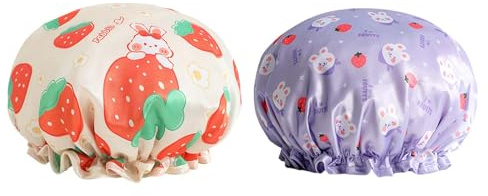 Cute Shower Cap - ShiningUU 2pcs Reusable Shower Caps for Women UK | Strawberry + Rabbit Design, Polyester Outer PEVA Inner Lining, Elastic Ear Covers for Shower, Travel Spa Sleeping Makeup Accessory
