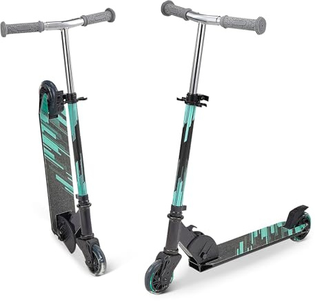 Amazon Basics Kids Kick Scooter, Foldable, Light Up Wheels, Adjustable Handlebar, Aluminum Frame, 3.9-Inch Wheels, Black/Teal