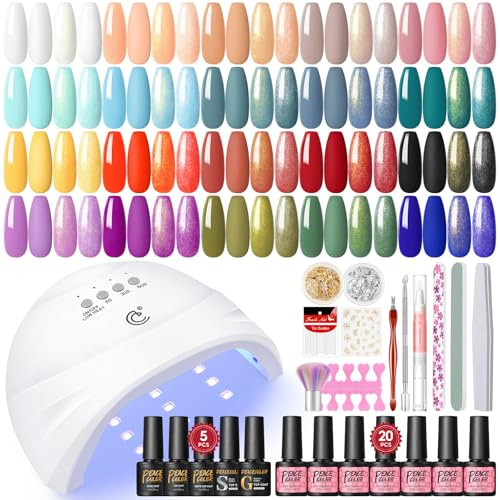 PEACECOLOR 38PCS Kit Uñas Semipermanentes Completo con Lámpara,20 Colores Esmaltes Semipermanentes para Uñas con Base, Top Coat Brillante y Mate Kit Uñas de Gel para Principiantes