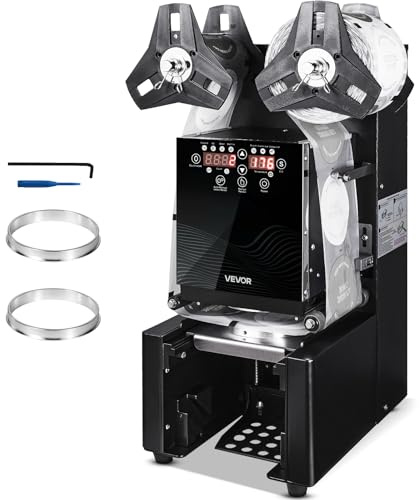 VEVOR Machine à Sceller Gobelets Automatique 500-650 Gobelets/h Scelleuse Électrique Gobelet Hauteur 90-190 mm Diam 90/95 mm, Écran LCD pour Gobelet de Thé aux Perles, Thé au Lait à Bulles, Café, Noir