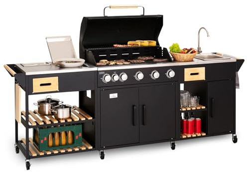 Parrilla de barbacoa de gas prémium de 5 + 1 quemador con fregadero y mesas de trabajo, cocina al aire libre de 20,7 kW para reuniones familiares, fiestas en el jardín y catering, rejilla de cocción