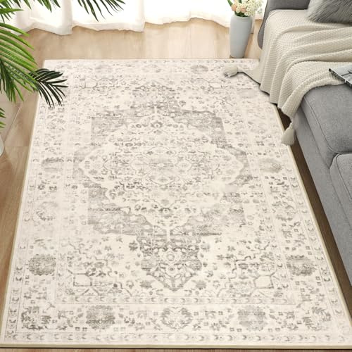 TUKDAK Vintage-matta för vardagsrum 120 x 180 cm, beige boho maskintvättbara mattor för sovrum, mjuk kort lugg halkfri klassisk matta för matsal kontor kök barnkammare
