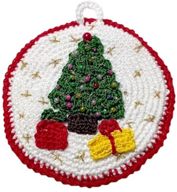 Presina di Natale ad uncinetto bianca e rossa con alberello e regali 13.5 cm (28NT) - Made in Italy