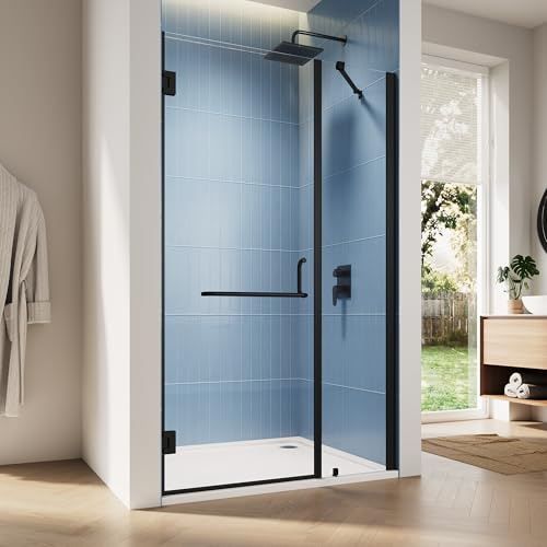 SUNNY SHOWER 40 W x 72 H Pivot Shower Door Frameless Shower Door with 1/4 Clear Tempered Shower Glass Door Swing Hinged Shower Door Magnetic Closing Shower Stall, Matte Black