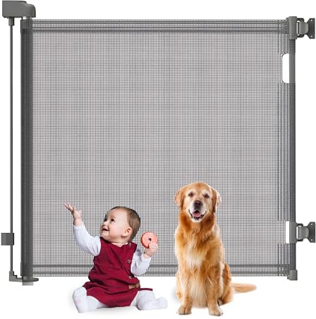 ReliantPro Baby gate, Retractable Stair Gate for Dogs, 86cm Tall, Extends up to 55inch, Stair Gate for Dogs & Babies, Dog Gate for stairways and Hallways with Baby on Board Sticker (Grey, 140 cm)