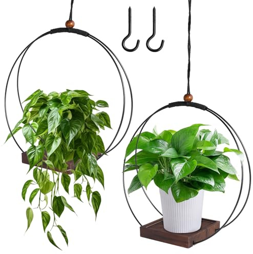 COEKI 2 Stück Blumenampel Hängend Innen, Blumenampel Schwarz mit Stabil Holzsockel Hängepflanzen Topf pflanzgefäße für Wände und Decken Aufhängehaken Inklusive