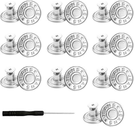 10Pcs Jean Button Pins, 17mm No Sew, Silver Metal Replacement Buttons