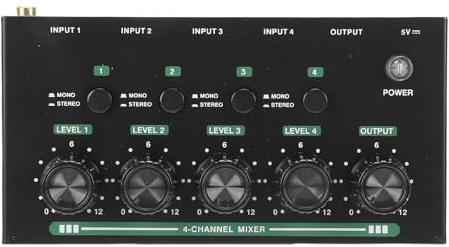 Generic Mezclador de 4 Canales Consola Mezcladora de Sonido Estéreo Fuente de Alimentación USB, Conmutación Estéreo Mono Sencilla, Calidad de Sonido Cristalina, Carcasa de Hierro