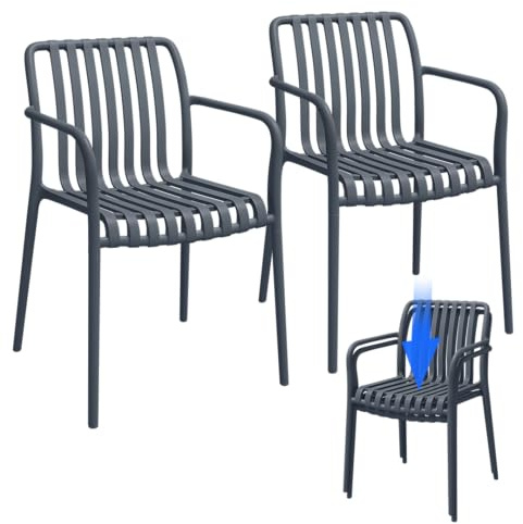 STEELSØN Pincoya Gartenstühle 2er Set, Anthrazit, stapelbar, 120kg, Outdoor | Loungesessel, wetterfest, UV-beständig, Balkonstuhl, Gartensessel aus Kunststoff, Armlehnenstuhl, Terrassenstuhl, Gartenstuhl