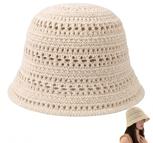 FIQLUL Sombrero de Sol para Mujer, Bucket Hat de Paja Transpirable, Gorro de Pescador Plegable con Protección UV para Playa, Viajes y Verano, Color Beige