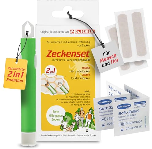Dr. Schick Zeckenset für Menschen [9-tlg. Erste-Hilfe-Set zur Zeckenentfernung] - patentierte 2-in-1 Zeckenzange Ultra mit Zeckenhaken & Zeckengreifer, Alkoholtupfer & Pflaster