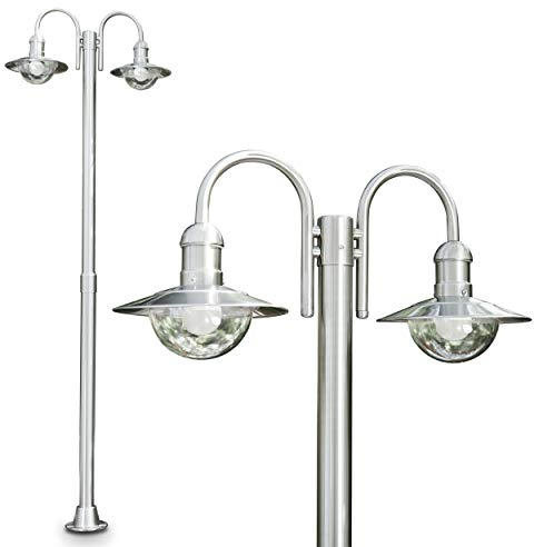 Lampada da esterno Elima, candelabro in acciaio inox dal design moderno, con paralumi in vetro, lampada da sentiero a 2 bracci da 200 cm, lampada da giardino con attacco E27, IP44, senza lampadina/e