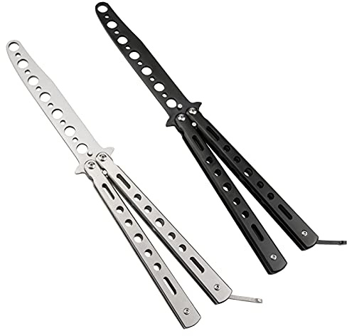 Little World Butterfly Knife - 2 Pack Butterfly Knife Trainer Practice Tool Steel Metal - Folding Unsharpened Comb for Practicing Flipping Tricks, Balisong Trainer Black & Silver