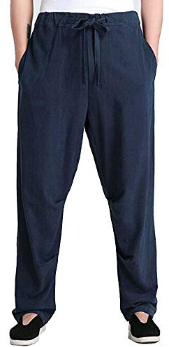 ZooBoo Men's Martial Arts Pants Kung Fu Linen Trousers Tang Suit Pants (XXL, Navy Blue)