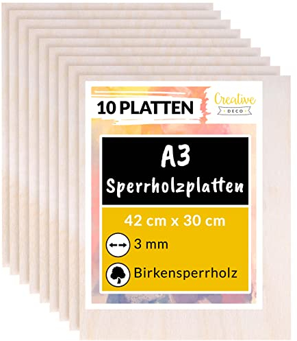 Creative Deco 10 x A3 Sperrholzplatte 3mm | 420 x 300 (+/- 2) mm | Birkensperrholz Dünne holz-Zuschnitte | Perfektes Blatt für Laubsäge, Brandmalerei, Laserschnitt, CNC Router, Durchbrochenes