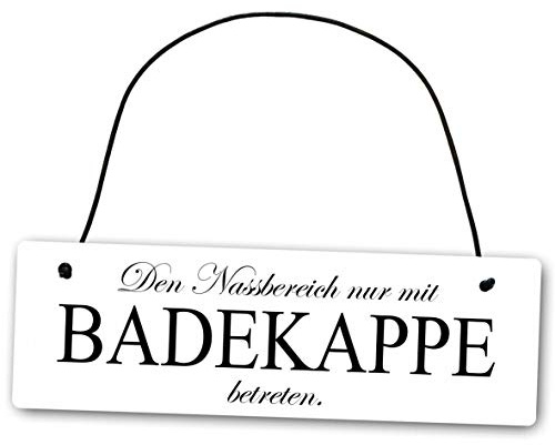 Homeyourself Metallschild Den Nassbereich nur mit Badekappe betreten Bad WC 25 x 8 cm aus Alu Verbund (Alu, Kunststoff) für In- und Outdoor Deko Schild Dekoschild Wandschild außen und innen