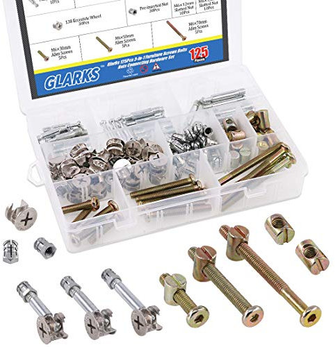 Glarks 125Pcs 3-in-1 Furniture Connection Assortment Kit, Hex Socket Cap Screws & Cam Fitting & Dowel and Pre-Inserted Nut & Barrel Nuts for Crib, Wardrobe Splicing, Cabinet Drawer and Chairs