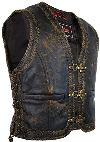 MDM Gilet en cuir vintage homme biker – cuir de vache véritable, tressage double, look usé, 3 boucles métalliques, réglable sur les côtés (FR/ES, Alpha/lettres, 3TG, Taille normale, Taille normale)