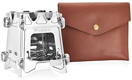 KonvoySG Wood Burning, Stainless Steel, Camping Stove.Compact Folding Collapsible and Lightweight. Ideal for Backpacking or Camping with Leather Carry Pouch