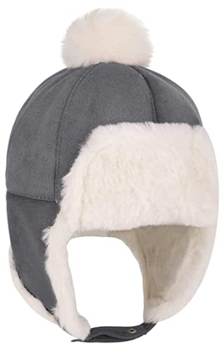 Grå Baby Vinter Plysch Skidmössa Med Pompom och Öronlapp, Vindtäta Mössor Fleecefodrade Fångare Pilothatt för Barn, one size