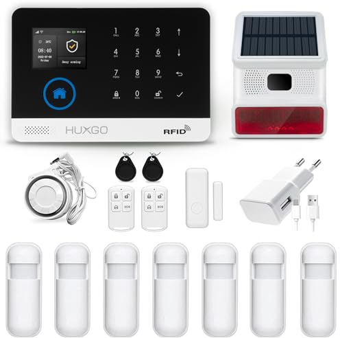 HUXGO, HXA003, Sistema de Alarma inalámbrico con 7 detectores de Movimiento y Segunda Sirena inalámbrica, Módulos: WiFi + gsm 4G, aplicación Tuya Smart, SMS, Control Desde el teléfono, Espańol