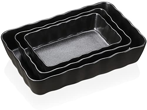 Vancasso Series Forte, Baking Set of 3, Stoneware Oven to Table Dish Set with Wave Rim, Rectangular Ceramic Casserole/Lasagna Dish, Matt Black