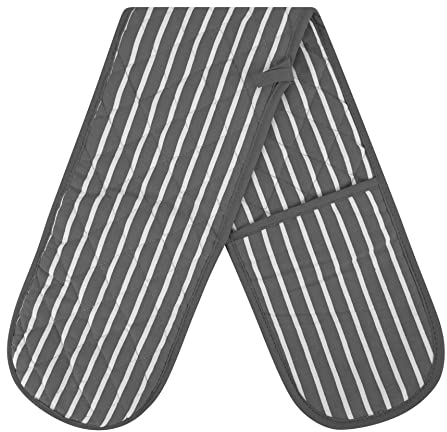 RASH Accessories Double Oven Gloves Butcher Quilted Stripe Pot Holder Heat Resistant Mitt 100% Cotton (Grey)