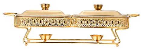 Cabilock Wärmespeicherplatte Speisenwärmer Buffet Warmhaltebehälter Kerzen Tellerwärmer Buffetwärmer Warmhalteplatte Warming Tray für Speisen Warmhalten Party Abendessen, Gold, 47X23X14CM