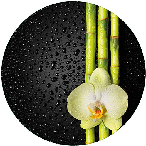 Wallario Glasbild rund Grüne Orchidee mit Bambus auf schwarz - Regentropfen - Rund, 50 cm Durchmesser Wandbild Glas in Premium-Qualität: Brillante Farben, freischwebende Optik
